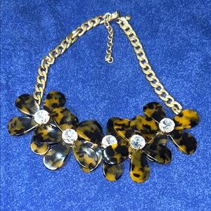 J Crew Gold Tone Chain & Tortoiseshell Flower With Crystal Statement Necklace